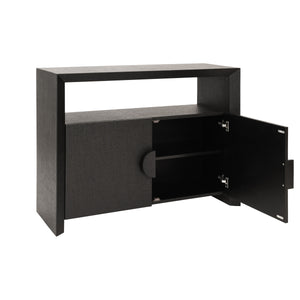 TWO DOOR CONSOLE WITH OPEN SHELF IN BLACK PAINTED GRASSCLOTH WITH BLACK OAK HANDLES