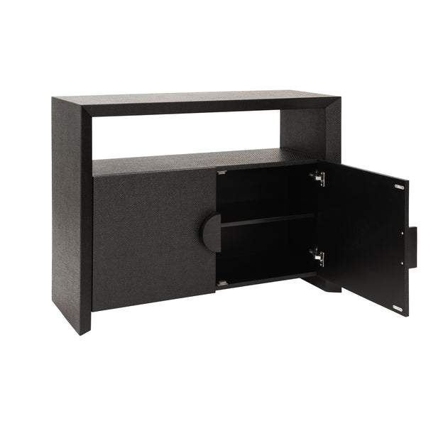 TWO DOOR CONSOLE WITH OPEN SHELF IN BLACK PAINTED GRASSCLOTH WITH BLACK OAK HANDLES