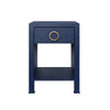 ONE DRAWER SIDE TABLE WITH ANTIQUE BRASS CIRCLE HARDWARE IN TEXTURED NAVY LINEN
