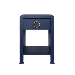 ONE DRAWER SIDE TABLE WITH ANTIQUE BRASS CIRCLE HARDWARE IN TEXTURED NAVY LINEN