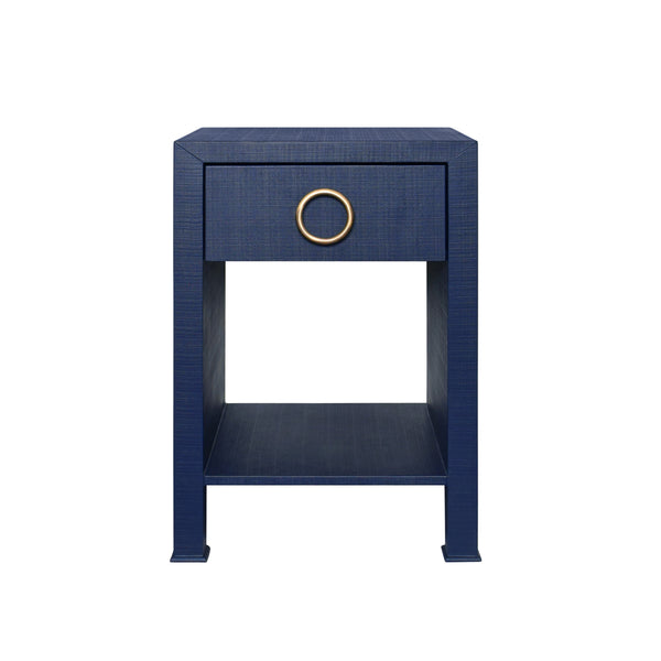 ONE DRAWER SIDE TABLE WITH ANTIQUE BRASS CIRCLE HARDWARE IN TEXTURED NAVY LINEN