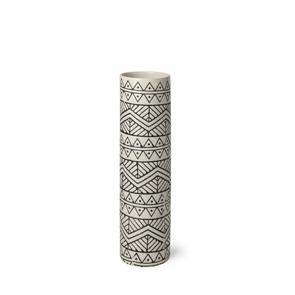 Uhura I Small Cream Black Patterned Cylindrical Vase