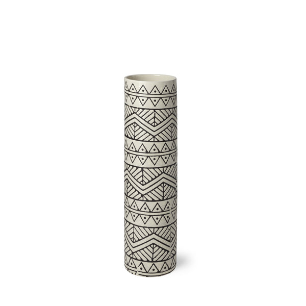 Uhura I Small Cream Black Patterned Cylindrical Vase