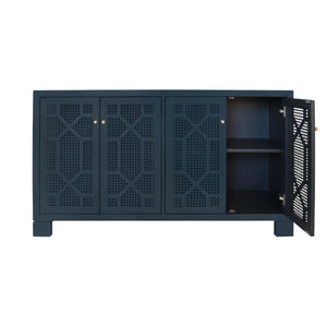 FOUR DOOR BUFFET WITH TRELLIS OVER PAINTED CANE DOORS IN MATTE NAVY LACQUER