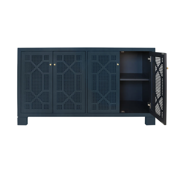 FOUR DOOR BUFFET WITH TRELLIS OVER PAINTED CANE DOORS IN MATTE NAVY LACQUER