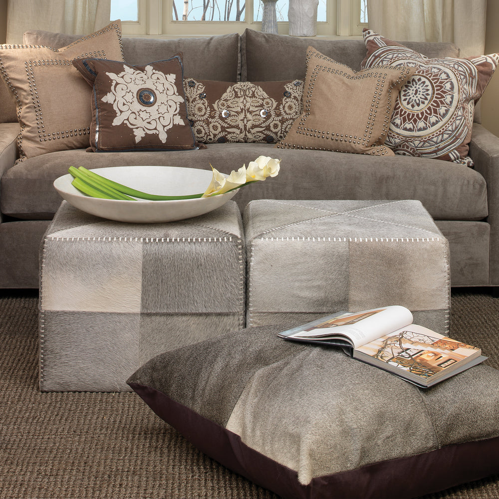 Grey Hair on Hide Ottoman, Large