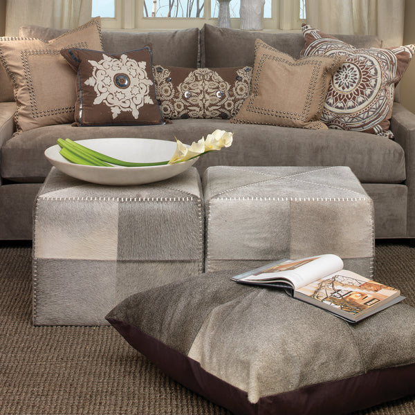 Grey Hair on Hide Ottoman, Large