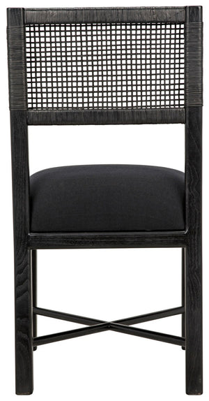 Lobos Sungkai and Mindi Chair with Woven Leather Backrest in Charcoal Black with Black Cotton Upholstery