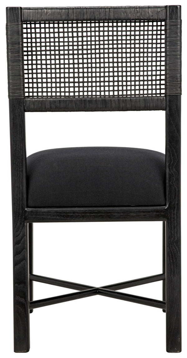 Lobos Sungkai and Mindi Chair with Woven Leather Backrest in Charcoal Black with Black Cotton Upholstery