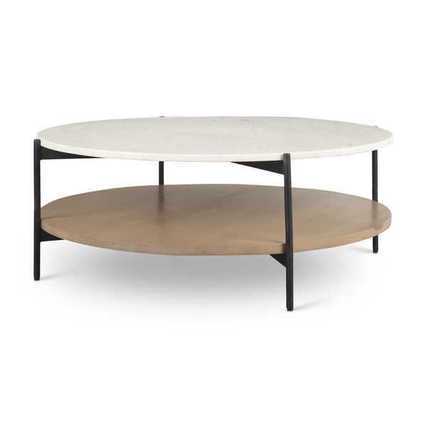 Larkin Marble Top w/ Brown Wood Shelf Round Coffee Table