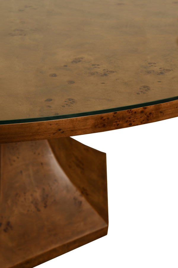 ROUND DINING TABLE WITH HEXAGONAL TAPERED BASE IN DARK BURL WOOD