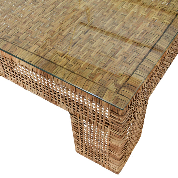 WIDE LEG RECTANGULAR RATTAN COFFEE TABLE WITH GLASS TOP
