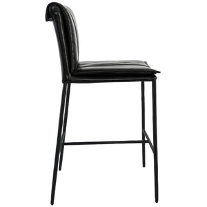Mayer Leather Counter Stool with Hammered Iron Legs - Jet Black