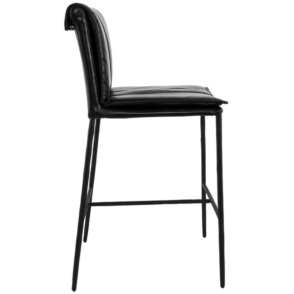 Mayer Leather Counter Stool with Hammered Iron Legs - Jet Black