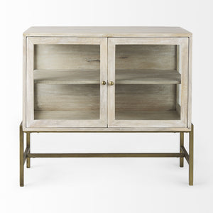 Arelius 36L x 18W x 32H White Wood, Gold Metal Base w/ 2 Glass Doors Accent Cabinet