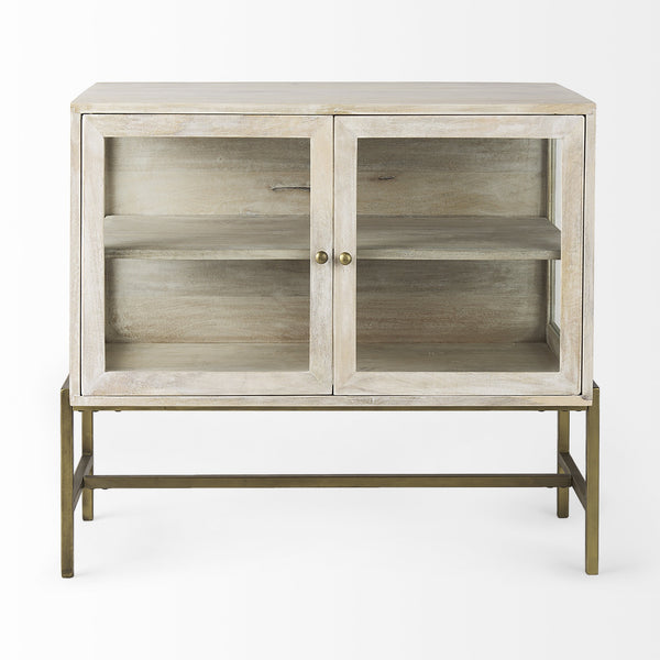 Arelius 36L x 18W x 32H White Wood, Gold Metal Base w/ 2 Glass Doors Accent Cabinet