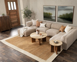Idella Travertine Round End Table with Mango Wood Legs - Tan
