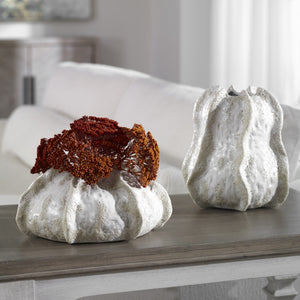 Urchin Textured Ivory Vases, S/2