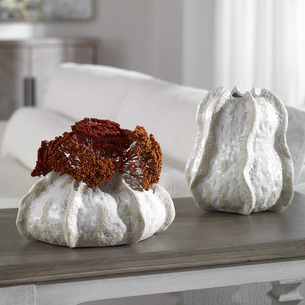 Urchin Textured Ivory Vases, S/2