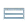 THREE DRAWER CONSOLE WITH TWO OPEN SHELVES IN TEXTURED LIGHT BLUE LINEN WITH POLISHED BRASS KNOBS