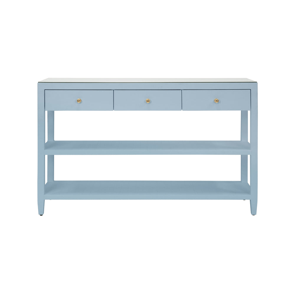 THREE DRAWER CONSOLE WITH TWO OPEN SHELVES IN TEXTURED LIGHT BLUE LINEN WITH POLISHED BRASS KNOBS