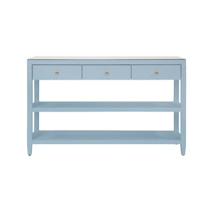 THREE DRAWER CONSOLE WITH TWO OPEN SHELVES IN TEXTURED LIGHT BLUE LINEN WITH POLISHED BRASS KNOBS