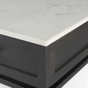 Divina Black-Brown Wood w/ White Marble Top and Black Metal Base 1 Drawer Side Table