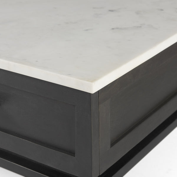 Divina Black-Brown Wood w/ White Marble Top and Black Metal Base 1 Drawer Side Table