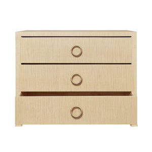 THREE DRAWER CHEST WITH ANTIQUE BRASS CIRCLE HARDWARE IN NATURAL GRASSCLOTH