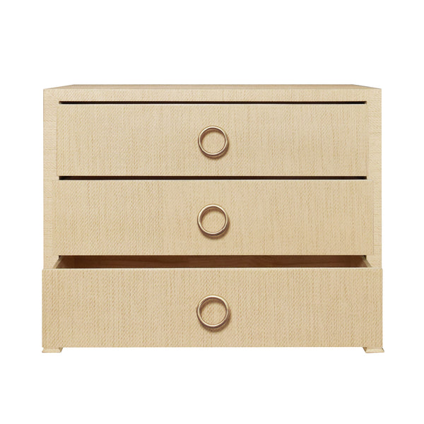 THREE DRAWER CHEST WITH ANTIQUE BRASS CIRCLE HARDWARE IN NATURAL GRASSCLOTH