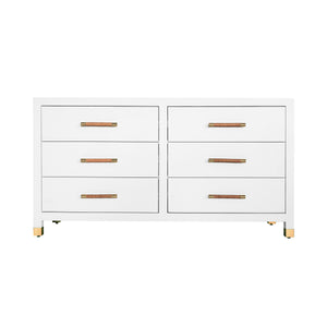 SIX DRAWER CHEST WITH RATTAN WRAPPED HANDLES IN MATTE WHITE LACQUER