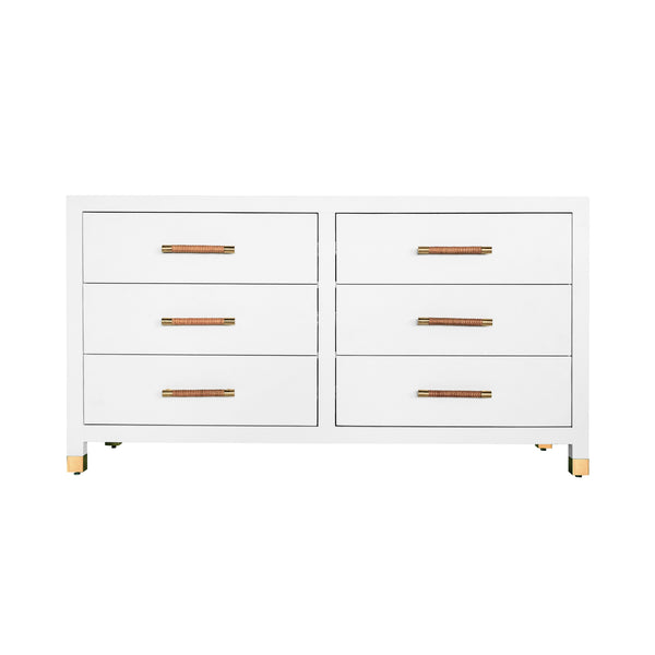 SIX DRAWER CHEST WITH RATTAN WRAPPED HANDLES IN MATTE WHITE LACQUER