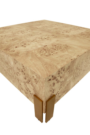 SQUARE CHUNK COFFEE TABLE WITH ANTIQUE BRASS LEG BRACKETS IN BURL WOOD