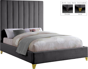 Glenda King Bed In Grey Velvet