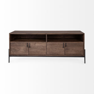 Glenn IV Dark Brown Wood w/ Black Iron Frame Media Console w/ Storage, TV Stand for TV up to 71"