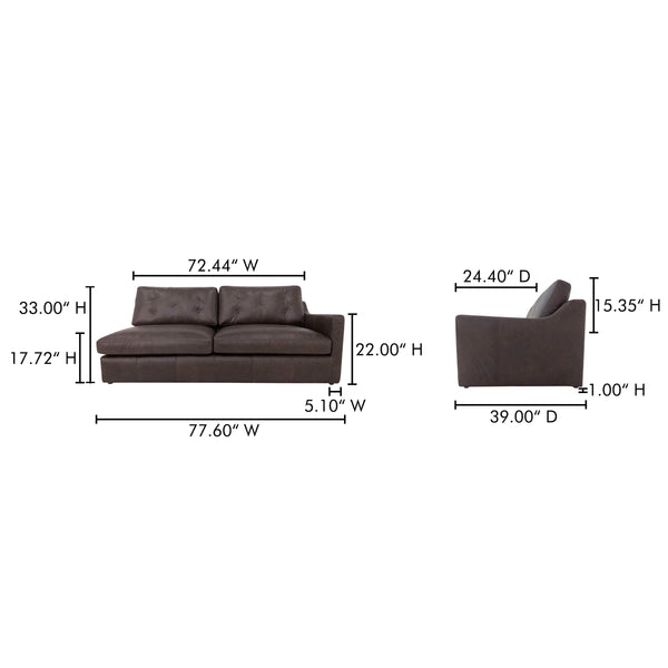 Moe's Thurlow Right Arm Facing Sofa in Brown Leather