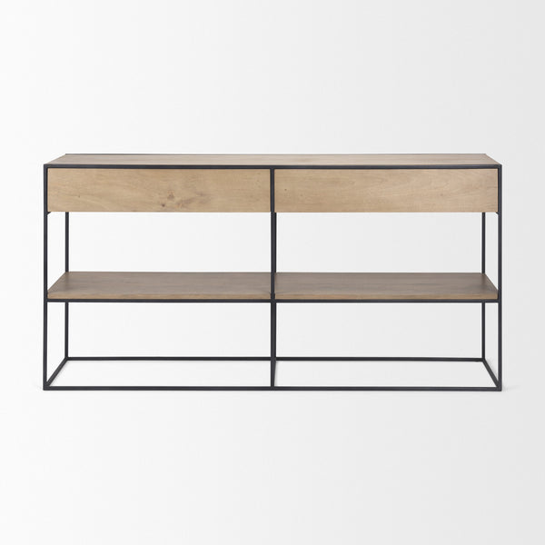 Morris 63.0L x 15.0W x 31.0H Beige Wood w/ Black Metal Frame 2 Drawer Console Table