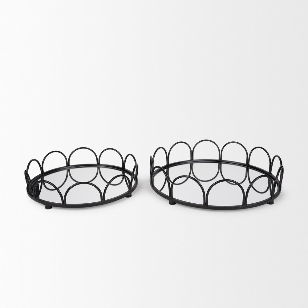Lenore Round Metal/Mirror Tray Black (Set of 2)