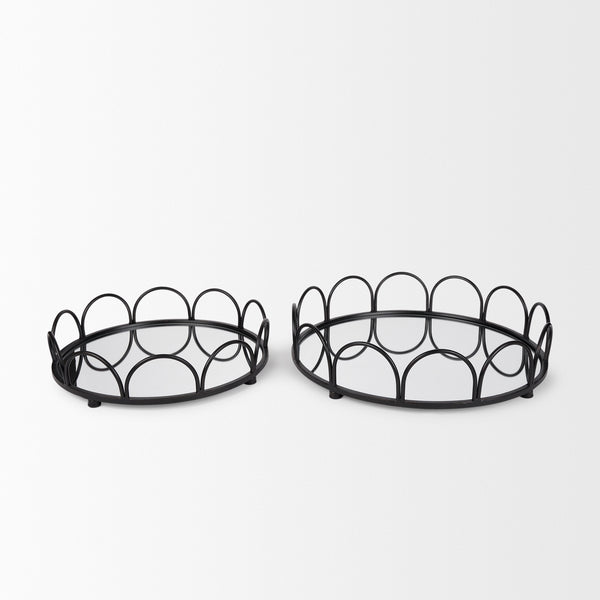Lenore Round Metal/Mirror Tray Black (Set of 2)