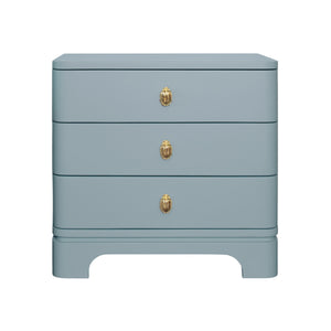 THREE DRAWER ROUNDED EDGE SIDE TABLE WITH BRASS BEETLE KNOB IN LIGHT BLUE MATTE LACQUER