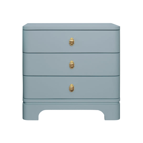 THREE DRAWER ROUNDED EDGE SIDE TABLE WITH BRASS BEETLE KNOB IN LIGHT BLUE MATTE LACQUER