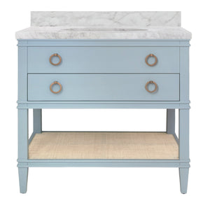 BATH VANITY IN MATTE LIGHT BLUE LACQUER WITH OPEN CANE SHELF, WHITE MARBLE TOP, AND PORCELAIN SINK
