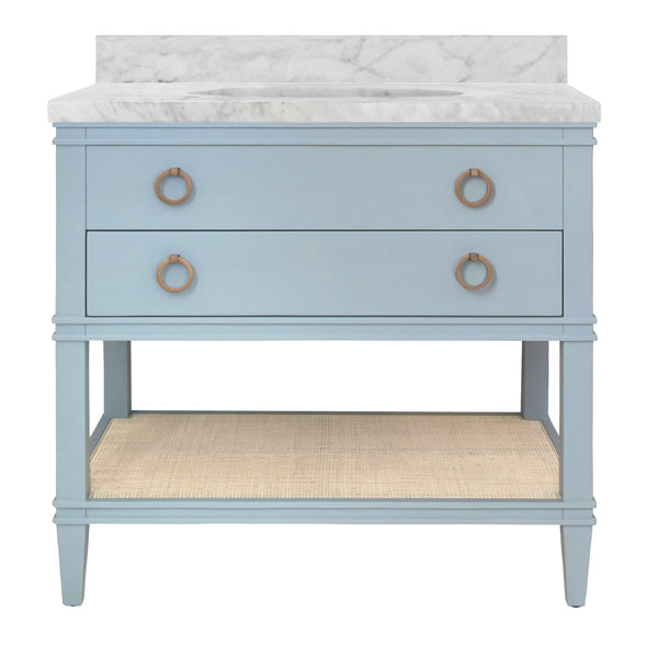 BATH VANITY IN MATTE LIGHT BLUE LACQUER WITH OPEN CANE SHELF, WHITE MARBLE TOP, AND PORCELAIN SINK