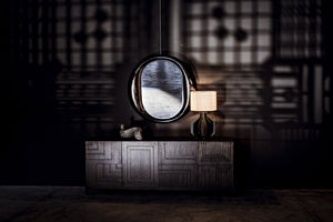 Oh Mirror in Charcoal Black Sungkai/Mindi Wood and Glass