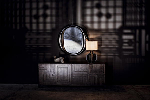 Oh Mirror in Charcoal Black Sungkai/Mindi Wood and Glass
