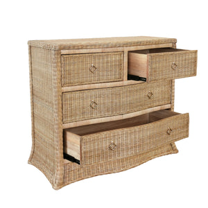 FOUR DRAWER CHEST IN WOVEN RATTAN WITH SATIN BRASS PULLS