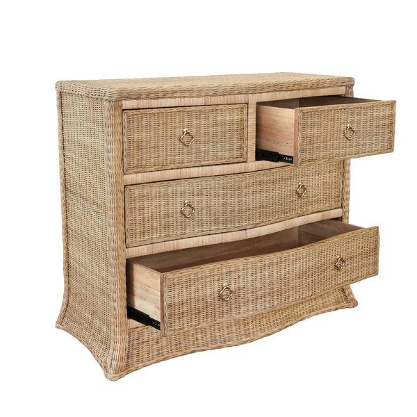 FOUR DRAWER CHEST IN WOVEN RATTAN WITH SATIN BRASS PULLS