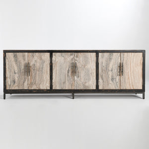 Lisbon Solid Wood 6Dr Cabinet - Weathered Black/Travertine