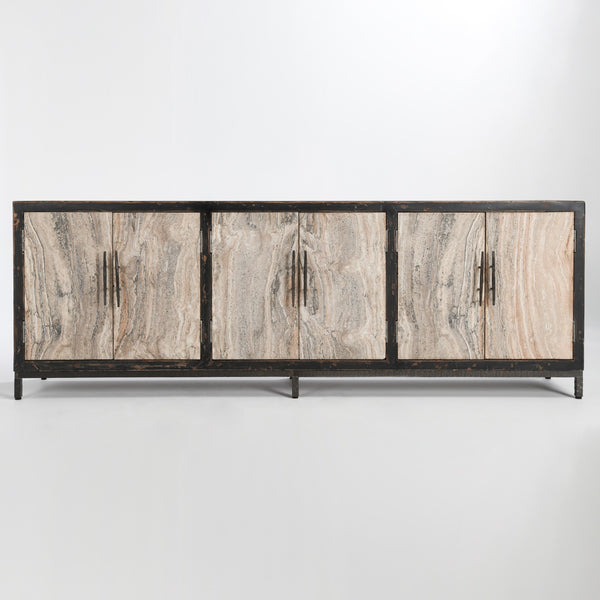 Lisbon Solid Wood 6Dr Cabinet - Weathered Black/Travertine