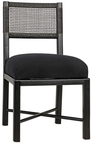 Lobos Sungkai and Mindi Chair with Woven Leather Backrest in Charcoal Black with Black Cotton Upholstery